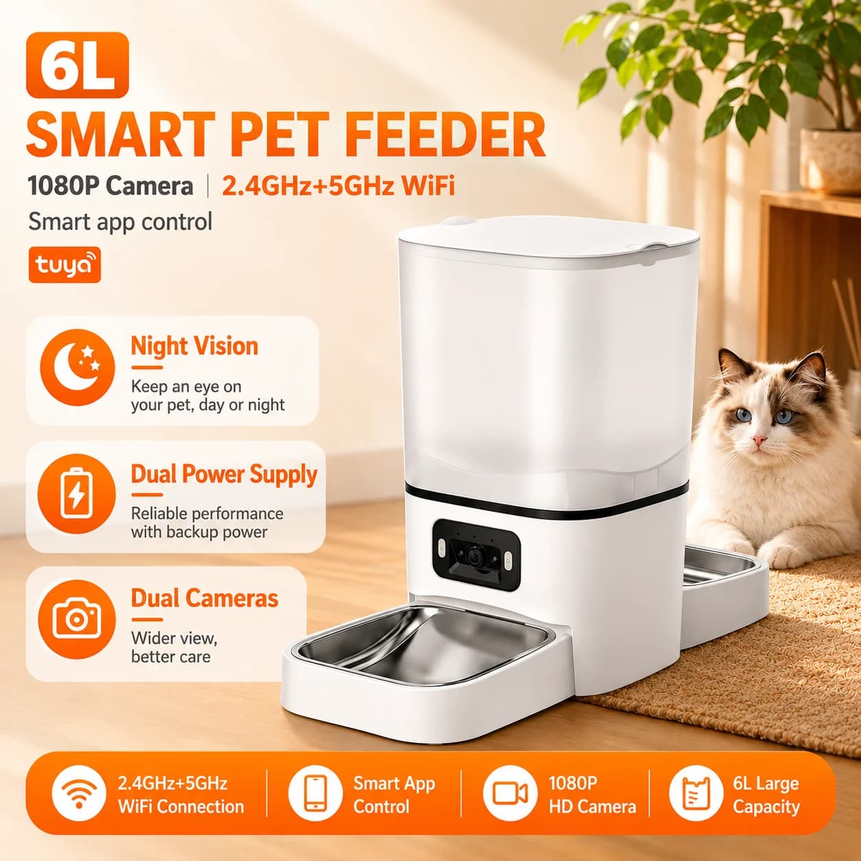 6L Double Bowl Automatic Cat Feeder, Wifi Smart Pet Feeder Tuya App Controlled with 1080P HD Night Vision Camera, Support 2.4G/5G