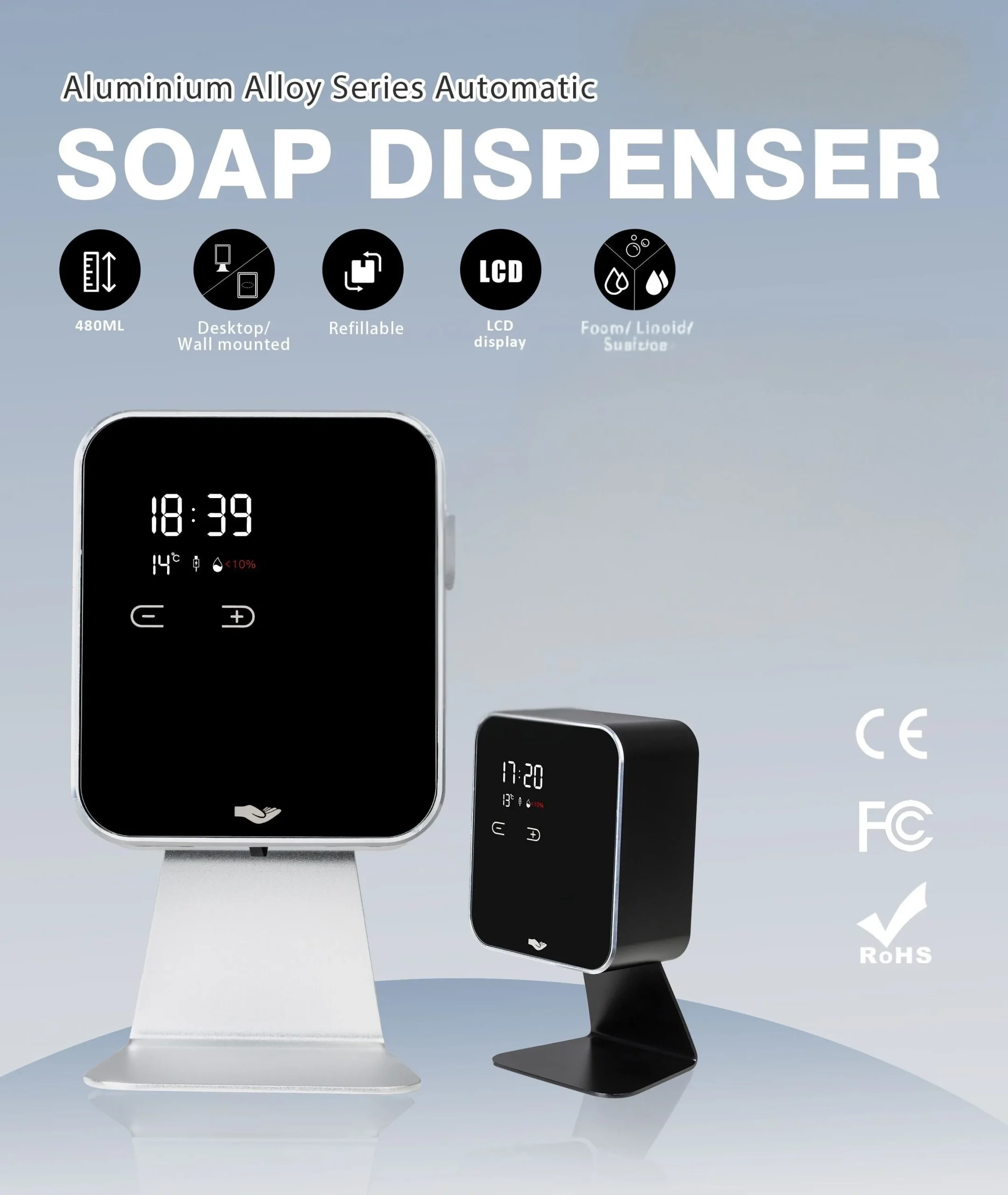 Euraneg Smart Automatic Touchless Sensor Liquid Soap Dispenser Hand Sanitizer 480ml Refillable Aluminum Alloy LCD Display Foam