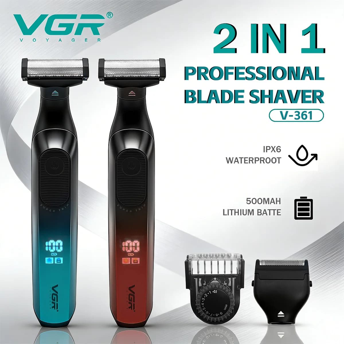 VGR Electric Shaver 2 IN 1 Dual Sided Trimmer IPX6 Waterproof Cordless Beard Trimmer Portable Travel Lock Trimmer for Men V-361