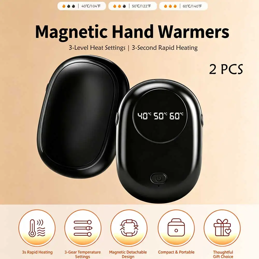 2Pcs Magnetic Hand Warmers Rechargeable, 3-Gear Heating Electric Hand Warmer, 3s Rapid Heating Portable Pocket Heater Handwarmer, for Women Men Outdoor Camping Ski Equipment